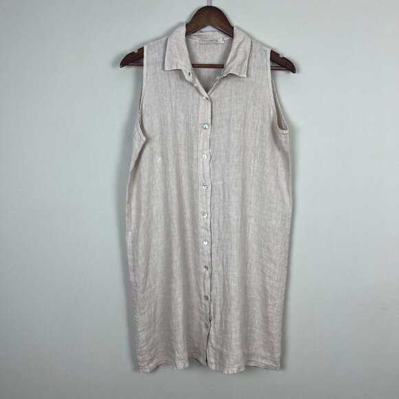 Stella Martini Tunic Top Women Small Beige 100% Linen Button Up Sleeveless Italy - Picture 1 of 12